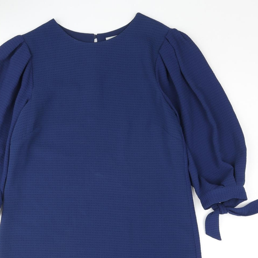 H&M Womens Blue Polyester Shift Size 6 Round Neck Button - Bow