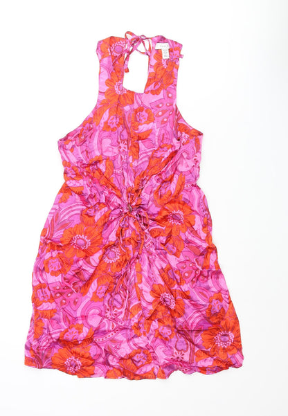 Topshop Womens Multicoloured Geometric Viscose Mini Size 6 Scoop Neck Tie - Drawstring Ring Floral Print