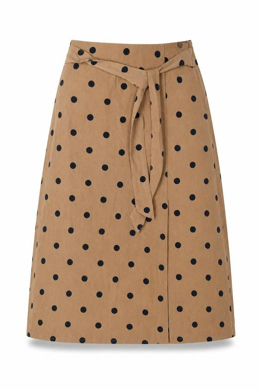 Front view of ICHI women’s brown polka dot polyester a-line skirt, size UK 8, zip - belted