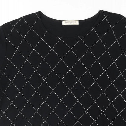 Bonmarché Womens Black Viscose Basic Blouse Size L Round Neck - Diamond Rhinestone