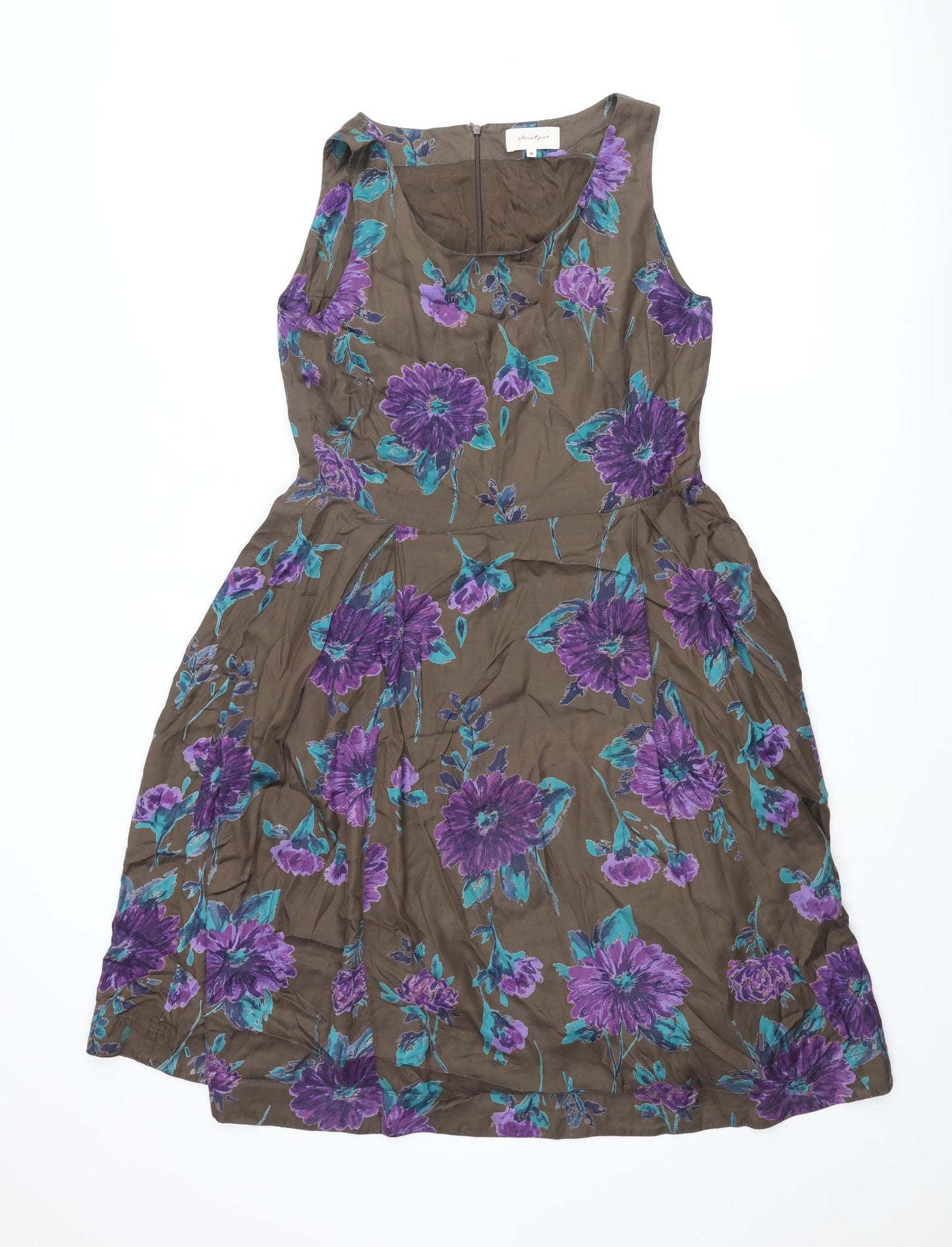 Vacknox Womens Brown Floral Cupro Fit & Flare Size 10 Scoop Neck Zip