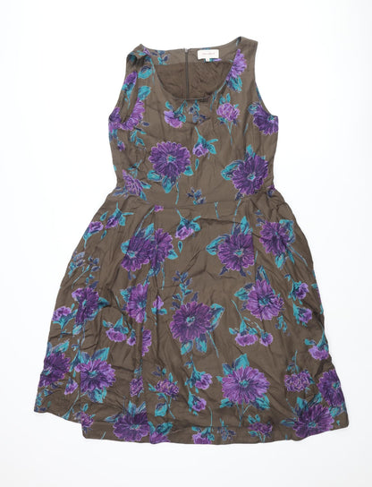 Vacknox Womens Brown Floral Cupro Fit & Flare Size 10 Scoop Neck Zip
