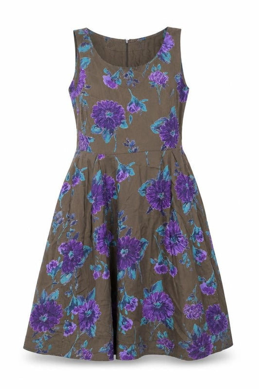 Front view of Vacknox women’s brown floral cupro fit & flare, size UK 10, scoop neck zip