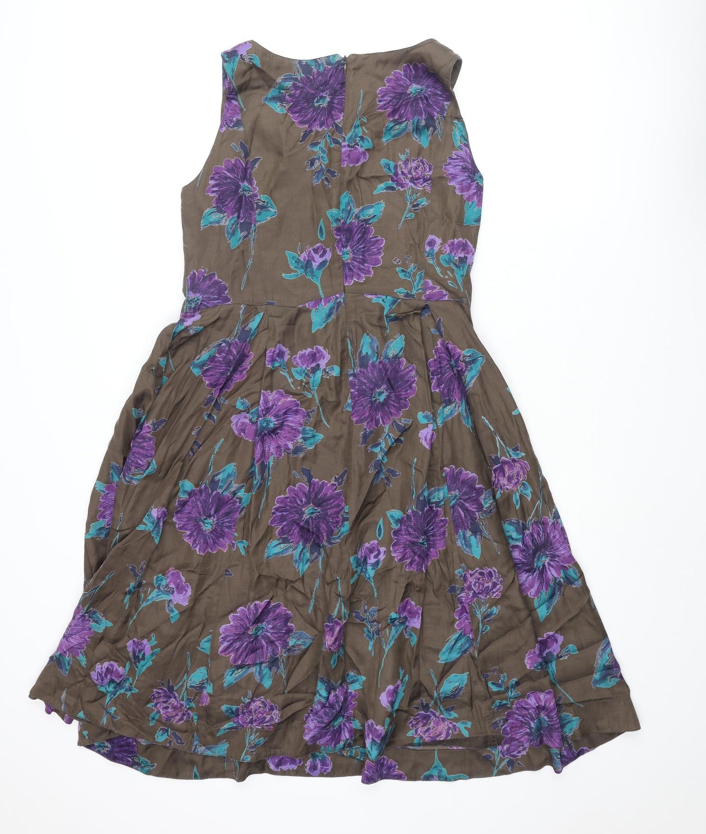 Vacknox Womens Brown Floral Cupro Fit & Flare Size 10 Scoop Neck Zip