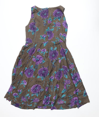 Vacknox Womens Brown Floral Cupro Fit & Flare Size 10 Scoop Neck Zip