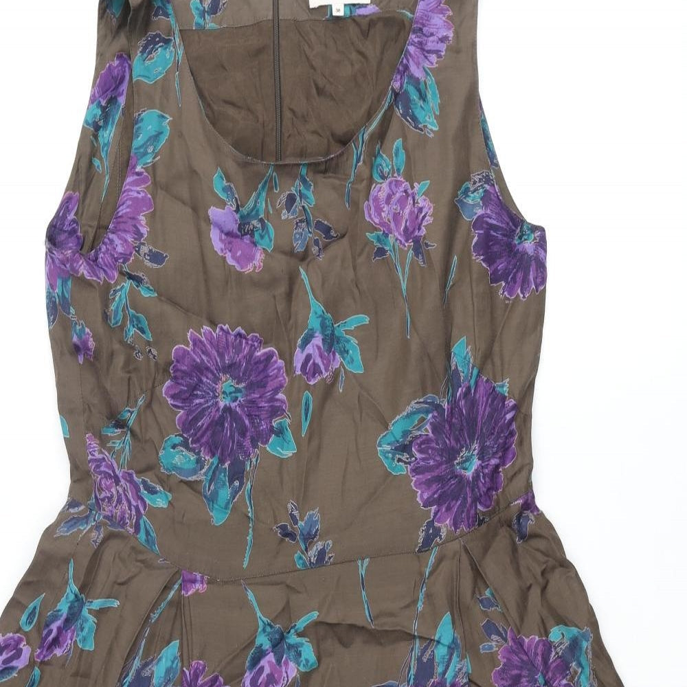 Vacknox Womens Brown Floral Cupro Fit & Flare Size 10 Scoop Neck Zip