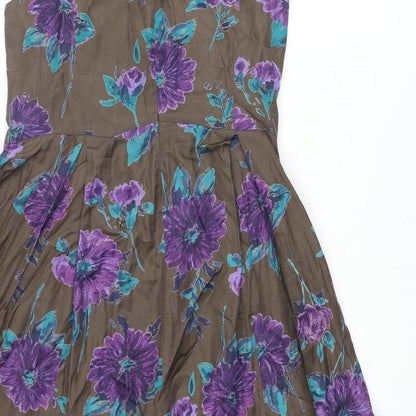 Vacknox Womens Brown Floral Cupro Fit & Flare Size 10 Scoop Neck Zip
