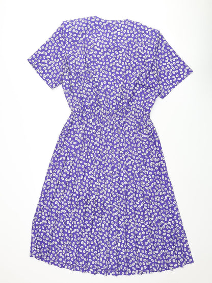 Leslie Fay Womens Purple Geometric Polyester A-Line Size 12 Round Neck Button - Pleated