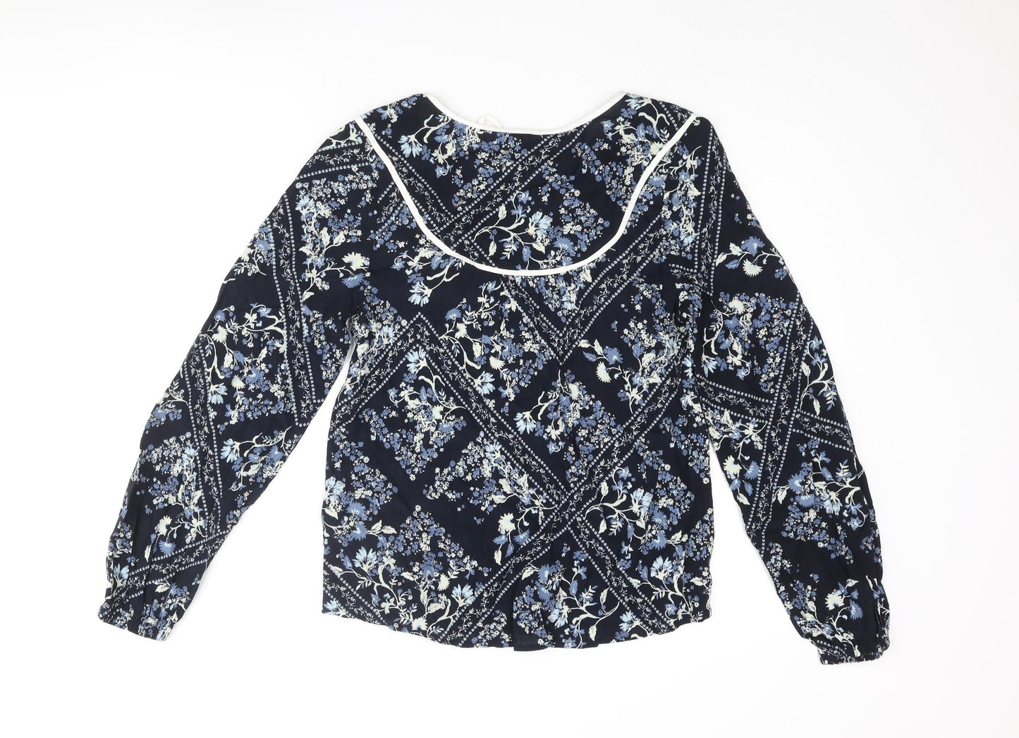 Marks and Spencer Womens Blue Floral Viscose Basic Blouse Size 6 Round Neck - Keyhole Neck