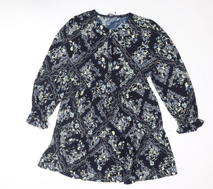 Marks and Spencer Womens Blue Geometric Polyester Shift Size 10 Round Neck Button - Smocked