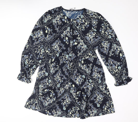 Marks and Spencer Womens Blue Geometric Polyester Shift Size 10 Round Neck Button - Smocked