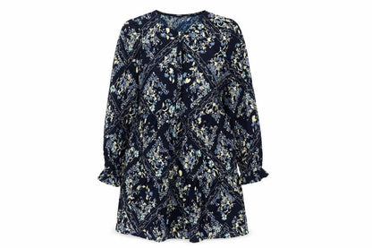 Marks and Spencer Womens Blue Geometric Polyester Shift Size 10 Round Neck Button - Smocked