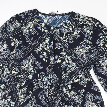 Marks and Spencer Womens Blue Geometric Polyester Shift Size 10 Round Neck Button - Smocked