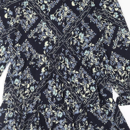 Marks and Spencer Womens Blue Geometric Polyester Shift Size 10 Round Neck Button - Smocked
