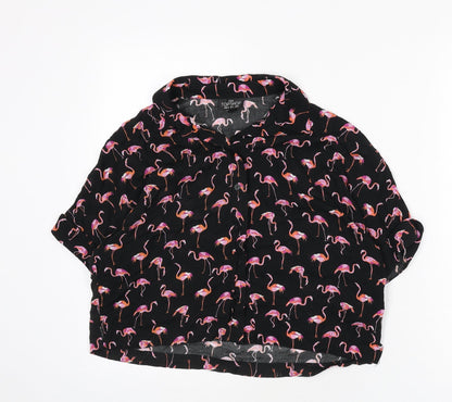 Topshop Womens Black Geometric Viscose Cropped Button-Up Size 8 Collared