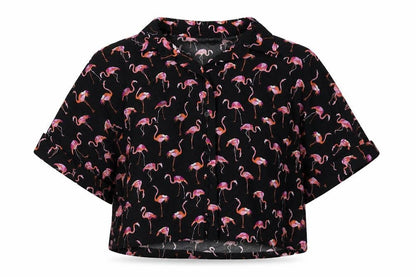 Topshop Womens Black Geometric Viscose Cropped Button-Up Size 8 Collared