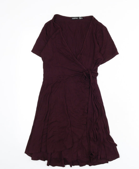 Boohoo Womens Red Viscose Wrap Dress Size 8 V-Neck Tie