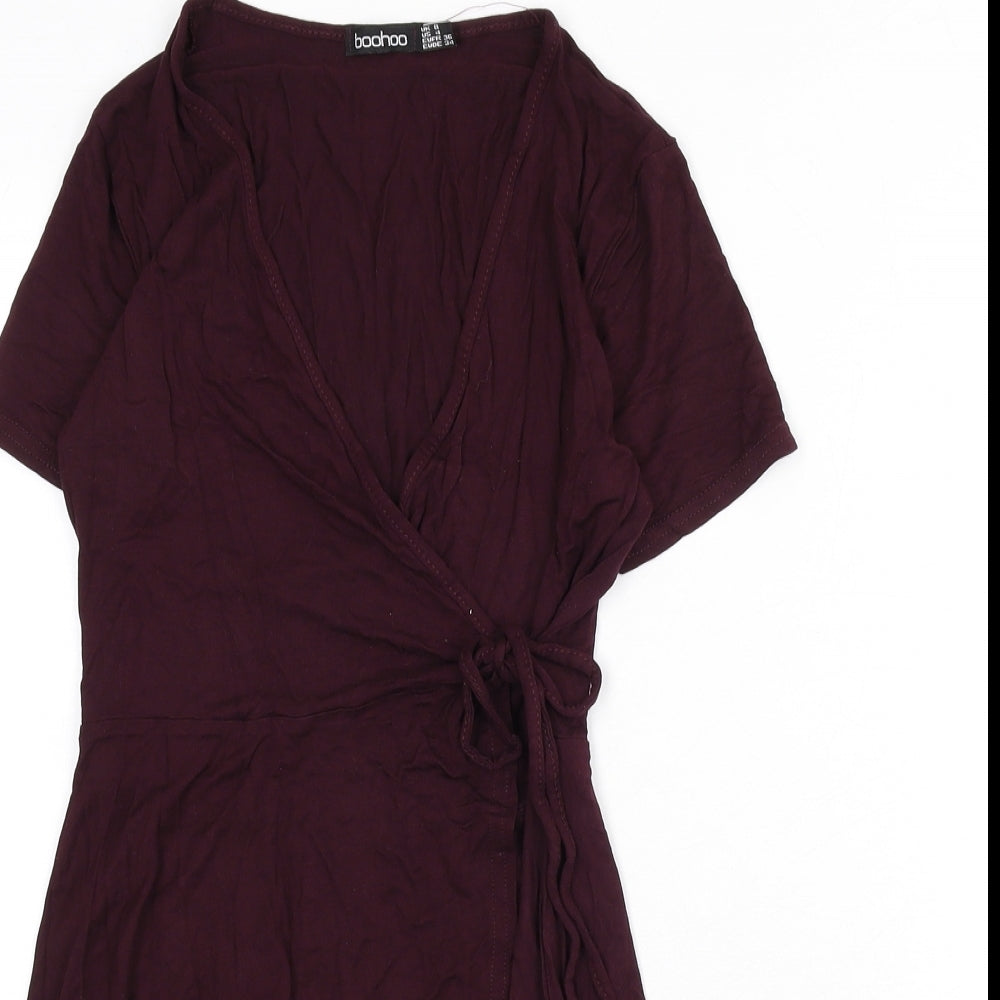 Boohoo Womens Red Viscose Wrap Dress Size 8 V-Neck Tie