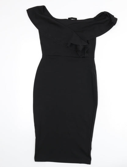 Missguided Womens Black Polyester Bodycon Size 10 Off the Shoulder Pullover - Ruffle Detail