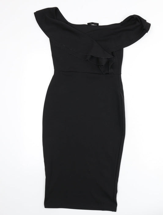 Missguided Womens Black Polyester Bodycon Size 10 Off the Shoulder Pullover - Ruffle Detail