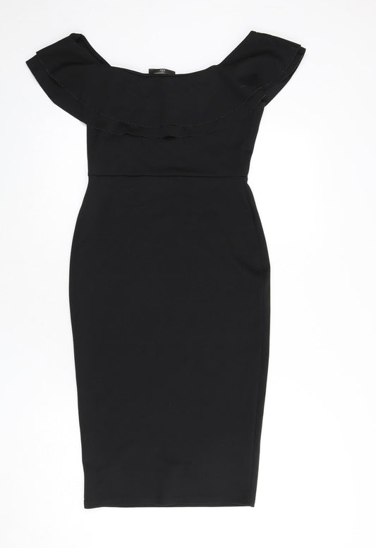 Missguided Womens Black Polyester Bodycon Size 10 Off the Shoulder Pullover - Ruffle Detail