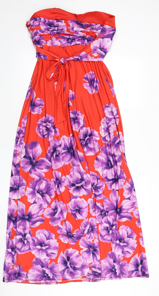 Debut Womens Red Floral Polyester Maxi Size 6 Off the Shoulder Zip - Tie Detail