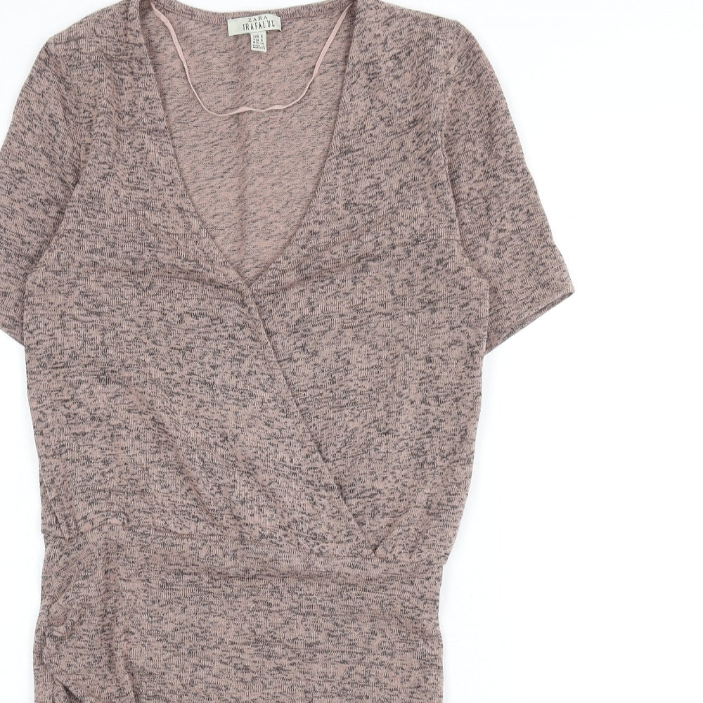 Zara Womens Pink Polyester Mini Size S V-Neck Pullover - Ruched Side