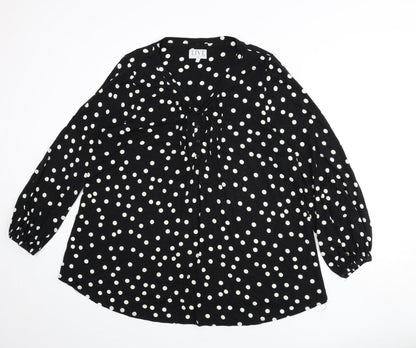 Live Unlimited London Womens Black Polka Dot Polyester Basic T-Shirt Size 16 V-Neck