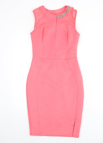 Lipsy Womens Pink Polyester Bodycon Size 8 Round Neck Zip - Chain Detail, Slit
