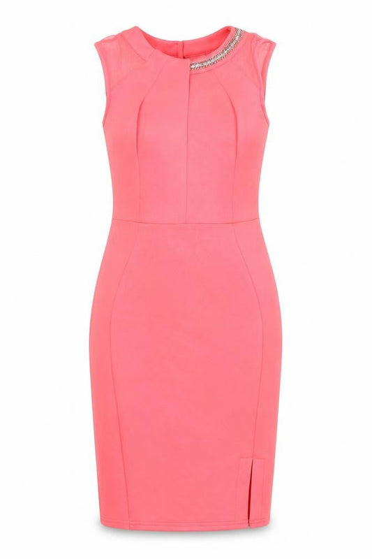 Lipsy Womens Pink Polyester Bodycon Size 8 Round Neck Zip - Chain Detail, Slit