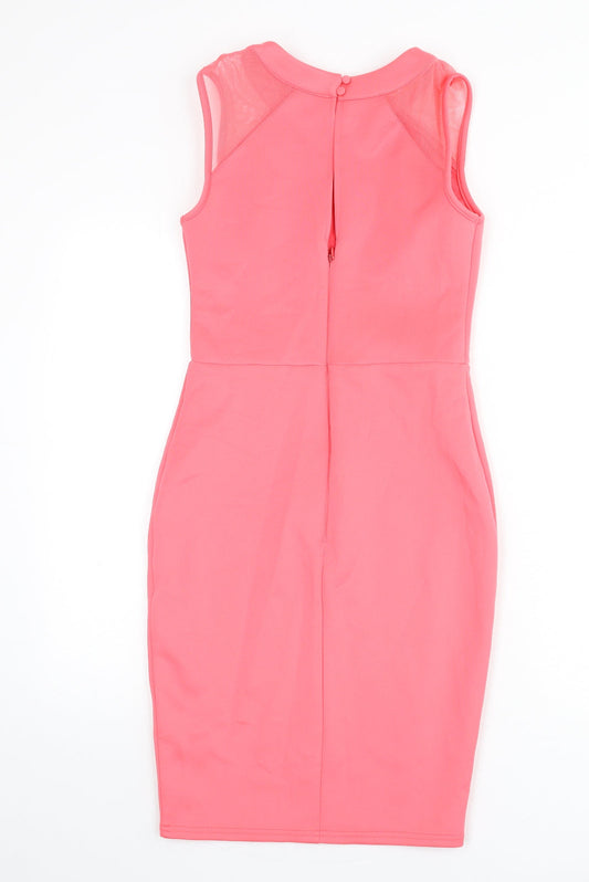 Lipsy Womens Pink Polyester Bodycon Size 8 Round Neck Zip - Chain Detail, Slit