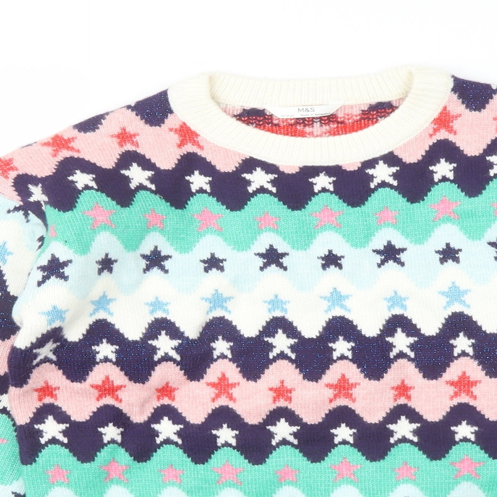 Marks and Spencer Girls Multicoloured Crew Neck Geometric Polyester Pullover Jumper Size 13-14 Years Pullover