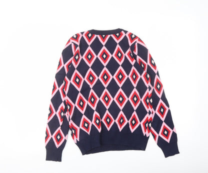 Kling Womens Blue Crew Neck Geometric Cotton Pullover Jumper Size XS