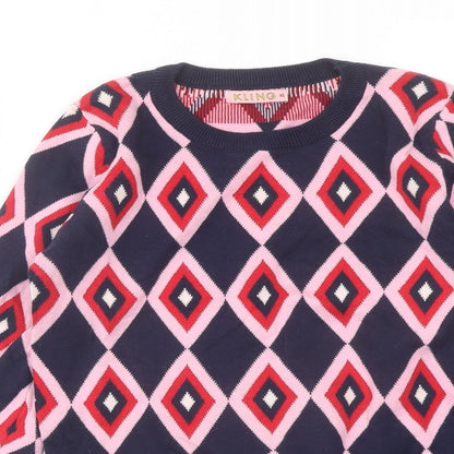 Kling Womens Blue Crew Neck Geometric Cotton Pullover Jumper Size XS