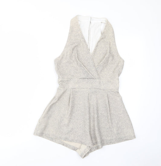 Love Womens Beige Polyester Playsuit One-Piece Size S Button - Pleated