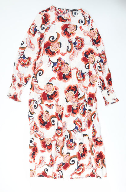 Marks and Spencer Womens Red Floral Viscose A-Line Size M Crew Neck Button - Embroided
