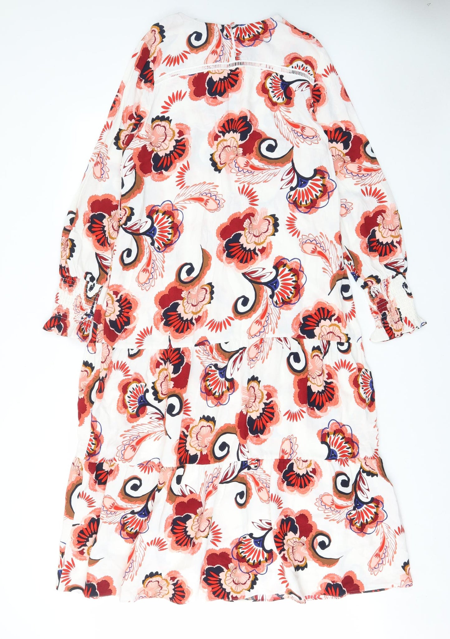 Marks and Spencer Womens Red Floral Viscose A-Line Size M Crew Neck Button - Embroided