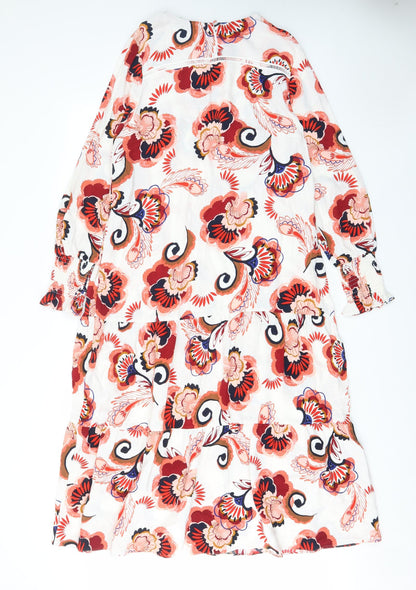 Marks and Spencer Womens Red Floral Viscose A-Line Size M Crew Neck Button - Embroided
