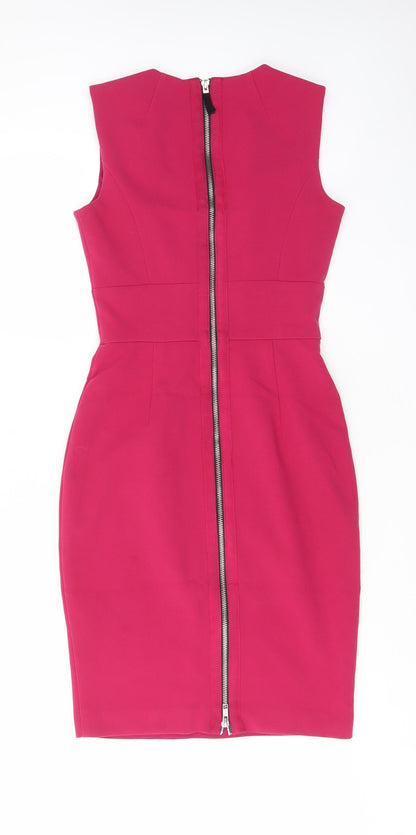 Warehouse Womens Pink Polyester Pencil Dress Size 6 V-Neck Zip - Pleated