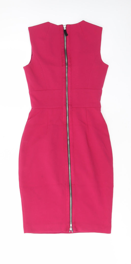 Warehouse Womens Pink Polyester Pencil Dress Size 6 V-Neck Zip - Pleated