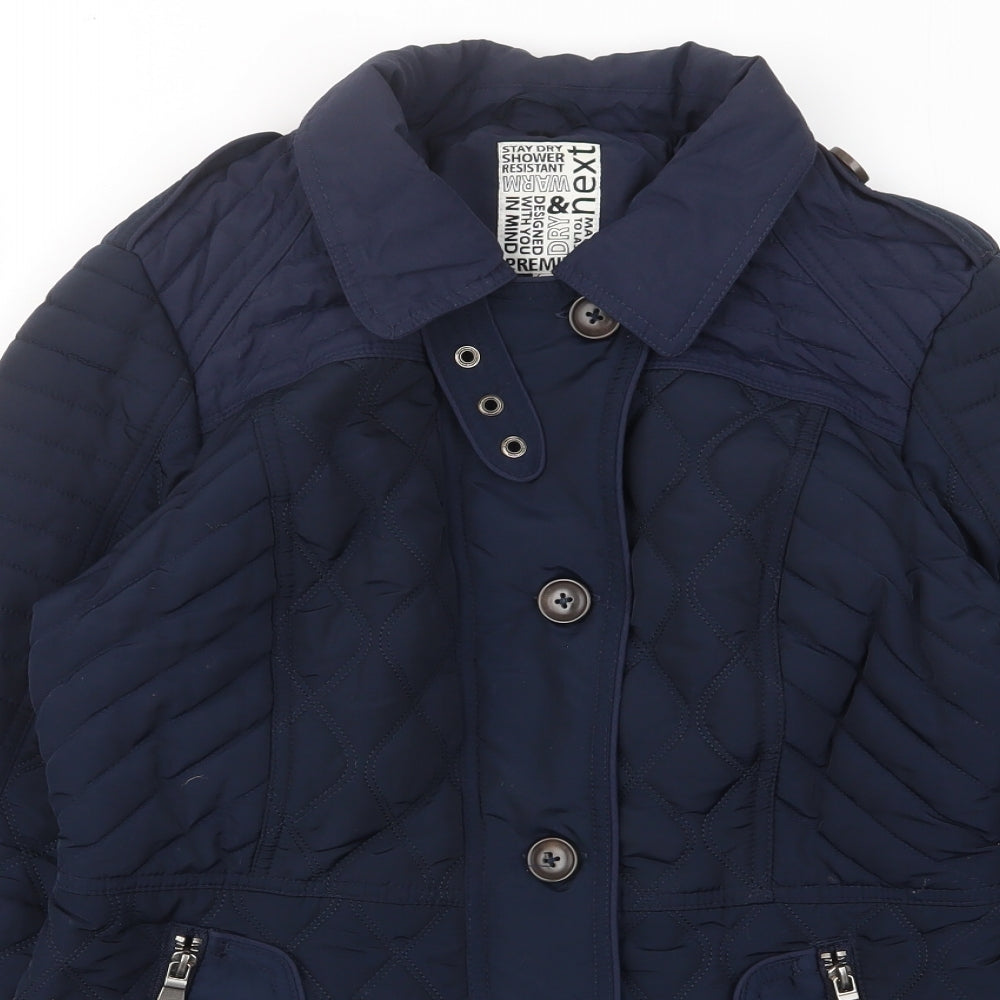NEXT Womens Blue Quilted Coat Size 10 Zip - Zip Pockets, Buckle