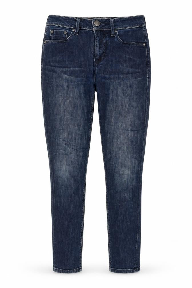 Front view of BDG women’s blue cotton skinny jeans, size UK 26, in, 28-inch leg regular zip - pockets