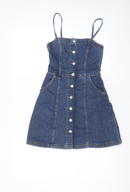 H&M Womens Blue Cotton Sheath Size 6 Square Neck Button - Pockets