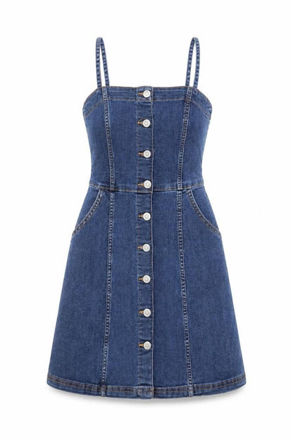 H&M Womens Blue Cotton Sheath Size 6 Square Neck Button - Pockets