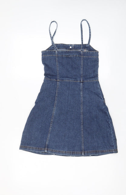 H&M Womens Blue Cotton Sheath Size 6 Square Neck Button - Pockets