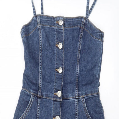 H&M Womens Blue Cotton Sheath Size 6 Square Neck Button - Pockets