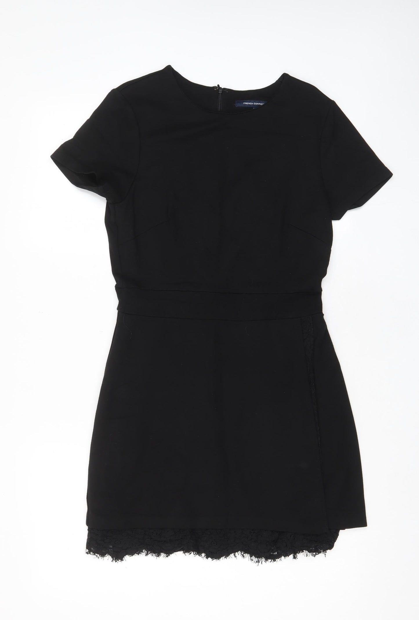 French Connection Womens Black Cotton A-Line Size 14 Crew Neck Zip - Lace