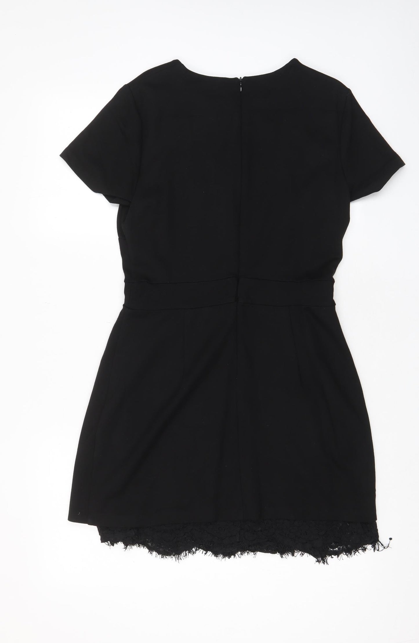 French Connection Womens Black Cotton A-Line Size 14 Crew Neck Zip - Lace