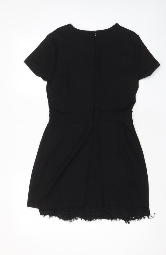 French Connection Womens Black Cotton A-Line Size 14 Crew Neck Zip - Lace