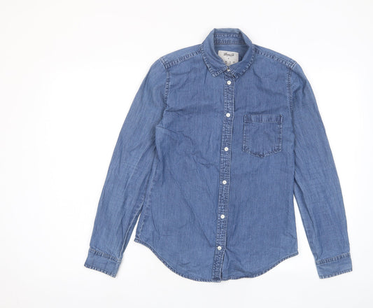 Denim & Co. Womens Blue Cotton Basic Button-Up Size 8 Collared